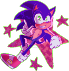 Size: 1280x1317 | Tagged: safe, artist:shade-tee-234, sonic the hedgehog, 2023, blushing, clenched fist, deviantart watermark, looking at viewer, male, modern sonic, pointing, semi-transparent background, signature, smile, solo, star (symbol), top surgery scars, trans male, transgender