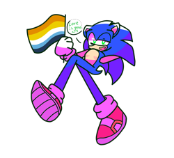 Size: 1100x1000 | Tagged: safe, artist:burntlemonade, sonic the hedgehog, 2023, aro ace pride, dialogue, english text, hand behind head, holding something, male, mid-air, modern sonic, mouth open, pride, pride flag, simple background, solo, solo male, talking to viewer, top surgery scars, trans male, transgender, transparent background
