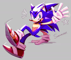 Size: 1600x1357 | Tagged: safe, artist:survivalstep, sonic the hedgehog, 2023, grey background, hand on ground, looking at viewer, male, modern sonic, mouth open, one fang, posing, signature, simple background, smile, solo, solo male, star (symbol), waving