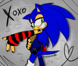 Size: 1400x1179 | Tagged: safe, artist:pukopop, sonic the hedgehog, abstract background, belt, clenched teeth, club outfit, ear piercing, fingerless gloves, fishnets, hand on own chest, heart, lidded eyes, long gloves, looking offscreen, male, modern sonic, musical notes, painted fingernails, signature, smile, solo, solo male, standing, star (symbol), tattoo, top surgery scars, trans male, transgender, xoxo