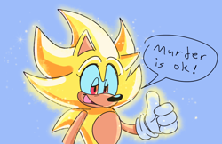 Size: 896x582 | Tagged: safe, artist:darkwingdumbass, sonic the hedgehog, super sonic, sonic frontiers, blue background, dialogue, english text, eyelashes, looking down, male, mouth open, red eyes, simple background, smile, solo, solo male, super form, thumbs up