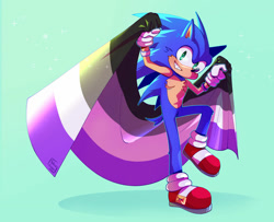 Size: 1024x832 | Tagged: safe, artist:yellowvixen, sonic the hedgehog, asexual pride, blushing, clenched teeth, fluffy, holding something, looking at viewer, modern sonic, pride, pride flag, signature, simple background, smile, solo, standing on one leg, top surgery scars, trans male, transgender, turquoise background