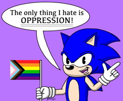 Size: 1348x1109 | Tagged: safe, artist:majorstarlight, sonic the hedgehog, 2022, classic sonic, english text, holding something, looking at viewer, mouth open, ms paint, pointing, pride, pride flag, progress pride, purple background, signature, simple background, solo, solo male, talking to viewer