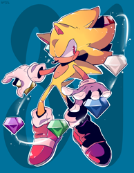 Size: 3500x4500 | Tagged: safe, artist:pastelmangos, artist:yu33_pm, sonic the hedgehog, super sonic, abstract background, chaos emerald, flying, looking offscreen, mid-air, modern sonic, signature, smile, solo, super form