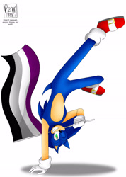 Size: 1920x2690 | Tagged: safe, artist:remnntaki, sonic the hedgehog, asexual pride, clenched teeth, hand on ground, handstand, holding something, looking at viewer, male, modern sonic, pride flag, shadow (lighting), signature, simple background, smile, solo, solo male, white background, wink