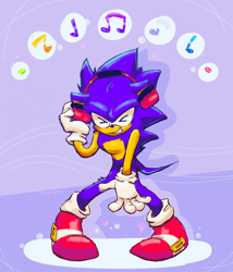 Size: 2400x2800 | Tagged: safe, artist:soapiess, sonic the hedgehog, abstract background, clenched teeth, eyes closed, headphones, leg fluff, male, modern sonic, musical notes, solo, solo male, standing