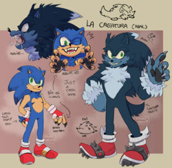 Size: 1920x1875 | Tagged: safe, artist:vilegato, sonic the hedgehog, abstract background, english text, fingerless gloves, hand on hip, looking at viewer, male, redesign, reference sheet, smile, solo, solo male, sonic the werehog, standing, top surgery scars, trans male, transgender, werehog, wink