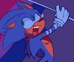 Size: 1732x1458 | Tagged: safe, artist:eluxrayz, sonic the hedgehog, 2022, bisexual pride, looking offscreen, male, mouth open, pride, pride flag, purple background, raised eyebrow, simple background, smile, solo, solo male, sonic boom (tv), top surgery scars, trans male, transgender