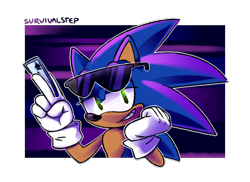 Size: 1014x737 | Tagged: safe, artist:survivalstep, sonic the hedgehog, card, clenched teeth, head rest, holding something, lidded eyes, modern sonic, outline, semi-transparent background, signature, smile, solo, spades, sunglasses