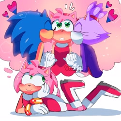 Size: 2048x2047 | Tagged: safe, artist:violetmadness7, amy rose, blaze the cat, sonic the hedgehog, amy x blaze, amy x sonic, bisexual, blushing, clenched teeth, head rest, heart, heart eyes, holding hands, kiss on cheek, lesbian, looking offscreen, lying on front, shipping, simple background, smile, sonazamy, sparkles, straight, thinking, thought bubble, trio, white background