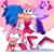 Size: 2048x2047 | Tagged: safe, artist:violetmadness7, amy rose, blaze the cat, sonic the hedgehog, amy x blaze, amy x sonic, bi amy, bisexual, blushing, clenched teeth, featured image, head rest, heart, heart eyes, holding hands, kiss on cheek, lesbian, looking offscreen, lying on front, shipping, simple background, smile, sonazamy, sparkles, straight, thinking, thought bubble, trio, white background