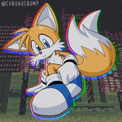 Size: 1424x1424 | Tagged: safe, artist:chronocrump, miles "tails" prower, abstract background, blue shoes, chemical plant, frown, hand on ground, looking ahead, modern tails, outline, solo