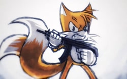 Size: 640x396 | Tagged: safe, artist:hooded-mask, miles "tails" prower, angry, clenched teeth, cross popping vein, gun, holding something, looking at viewer, simple background, solo, standing, white background