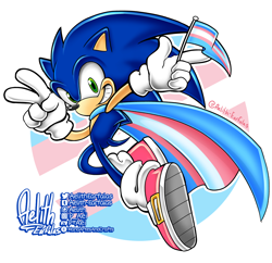 Size: 1200x1162 | Tagged: safe, artist:p-aei, sonic the hedgehog, abstract background, looking at viewer, looking back at viewer, modern sonic, pride, signature, solo, trans male, trans pride, transgender, uekawa style, v sign