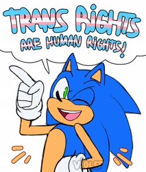 Size: 1742x2048 | Tagged: safe, artist:violetmadness7, sonic the hedgehog, 2021, english text, hand on hip, looking at viewer, male, modern sonic, mouth open, pointing, simple background, smile, solo, solo male, speech bubble, standing, trans pride, white background, wink