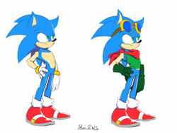 Size: 1024x768 | Tagged: safe, artist:chrisrws, sonic the hedgehog, bandana, duality, frown, goggles, goggles on head, looking offscreen, male, modern sonic, redesign, solo, standing