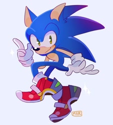 Size: 1156x1285 | Tagged: artist needed, source needed, safe, sonic the hedgehog, sonic adventure 2, blushing, ear fluff, looking at viewer, male, modern sonic, pointing, posing, signature, simple background, smile, soap shoes, solo, solo male, star (symbol)