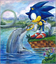 Size: 2197x2474 | Tagged: safe, artist:liris-san, sonic the hedgehog, dolphin, hedgehog, green hill zone, abstract background, bending over, crossover, daytime, duo, duo male, ecco the dolphin, literal animal, looking at each other, loop, male, males only, mouth hold, outdoors, ring, traditional media