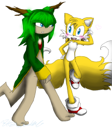 Size: 700x800 | Tagged: safe, artist:hezuneutral, cosmo the seedrian, miles "tails" prower, fox, blushing, clenched teeth, duo, female, gender swap, hand behind head, heart, looking at each other, male, mouth open, r63 shipping, redraw, seedrex, simple background, sonic x, standing on one leg, transparent background, walking