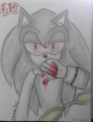 Size: 1627x2122 | Tagged: semi-grimdark, artist:artistiachan, sonic the hedgehog, au:fall into the void, blood, glowing eyes, greyscale, lidded eyes, looking at viewer, monochrome, signature, simple background, solo, sonic riders, standing, sunglasses, traditional media