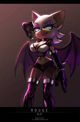 Size: 1200x1818 | Tagged: dead source, safe, artist:einnharder, rouge the bat, 2017, character name, cleavage, crop top, english text, female, glowing eyes, gradient background, hand behind back, lidded eyes, lineless, looking offscreen, shorts, solo, solo female, standing