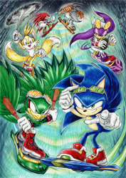Size: 900x1272 | Tagged: safe, artist:ravencorona, jet the hawk, knuckles the echidna, miles "tails" prower, sonic the hedgehog, storm the albatross, wave the swallow, 2021, abstract background, babylon rogues, extreme gear, grenade, group, looking at viewer, smile, sonic riders, team sonic