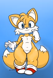 Size: 2638x3857 | Tagged: safe, artist:pillothestar, miles "tails" prower, :3, gradient background, large hips, looking at viewer, male, signature, smile, solo, solo male, standing