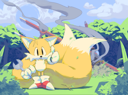 Size: 1621x1213 | Tagged: safe, artist:kansokushaaa, miles "tails" prower, :>, abstract background, classic tails, cute, daytime, forest, holding something, looking ahead, outdoors, smoke, solo, tailabetes, thumbs up, tornado i, tree, wrench