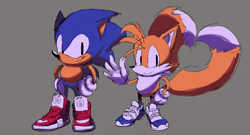 Size: 764x414 | Tagged: safe, artist:localblackkidbm, miles "tails" prower, sonic the hedgehog, blue shoes, classic sonic, classic tails, duo, grey background, hands on hips, heart tail, looking at viewer, simple background, sketch, smile, standing, waving