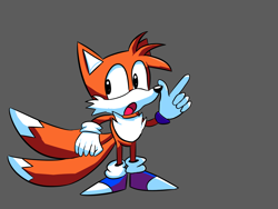 Size: 1600x1200 | Tagged: safe, artist:localblackkidbm, miles "tails" prower, 2021, blue shoes, classic tails, grey background, looking back, mouth open, pointing, simple background, solo, standing