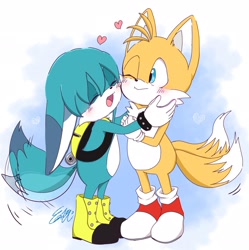 Size: 2042x2048 | Tagged: safe, artist:tomii_pepe, kit the fennec, miles "tails" prower, abstract background, blushing, cute, duo, eyes closed, gay, heart, holding them, kitabetes, kitails, one eye closed, shipping, signature, smile, standing, tailabetes, wagging tail