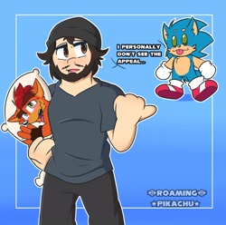 Size: 2048x2033 | Tagged: safe, artist:hasnomoxxie, sonic the hedgehog, human, body pillow, caddicarus, crash bandicoot, cute, dialogue, duo, english text, gradient background, holding something, male, males only, outline, pointing, sonabetes, standing, tongue out