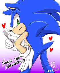 Size: 750x900 | Tagged: safe, artist:koreansonic, sonic the hedgehog, 2014, back view, butt, character name, gradient background, hand on own leg, heart, looking back, looking back at viewer, modern sonic, pointing, smile, solo, standing