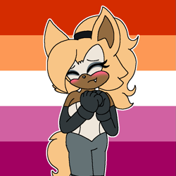 Size: 829x828 | Tagged: safe, artist:celestedorito, whisper the wolf, abstract background, eyes closed, female, flat colors, hands together, headcanon, lesbian pride, one fang, outline, pride, pride flag background, smile, solo, solo female, standing