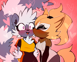 Size: 2048x1651 | Tagged: safe, artist:bongwater777, tangle the lemur, whisper the wolf, abstract background, arm fluff, blushing, chest fluff, duo, duo female, eyes closed, female, females only, hands behind back, heart, heart eyes, kiss on cheek, lesbian, shipping, smile, tangle x whisper
