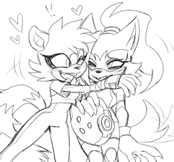 Size: 2048x1910 | Tagged: safe, artist:bongwater777, tangle the lemur, whisper the wolf, blushing, duo, exclamation mark, fangs, heart, hugging, lesbian, looking at each other, monochrome, mouth open, one eye closed, shipping, sketch, standing, tangle x whisper