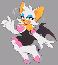 Size: 1831x2048 | Tagged: safe, artist:bongwater777, rouge the bat, cleavage, clenched teeth, female, grey background, looking at viewer, mid-air, simple background, smile, solo, solo female, sparkles