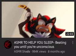 Size: 2048x1526 | Tagged: safe, artist:bongwater777, shadow the hedgehog, abstract background, asmr, clenched teeth, frown, looking down at viewer, male, shrunken pupils, solo, solo male, this will end in blood, youtube thumbnail