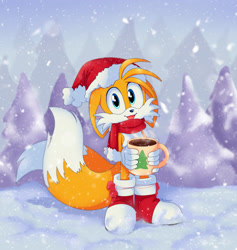 Size: 2000x2113 | Tagged: safe, artist:montyth, miles "tails" prower, abstract background, christmas hat, christmas outfit, cup, cute, hat, holding something, looking at viewer, modern tails, mouth open, mug, outdoors, scarf, smile, snow, snowing, solo, tailabetes