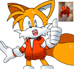 Size: 2048x1916 | Tagged: artist needed, safe, miles "tails" prower, irl, jacket, looking ahead, mobius.social exclusive, modern sonic, mouth open, one fang, reference inset, simple background, smile, solo, standing, thumbs up, transparent background