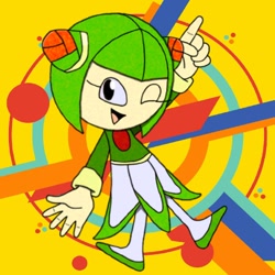 Size: 600x600 | Tagged: safe, artist:123drake123, cosmo the seedrian, seedrian, sonic mania, abstract background, classic style, dress, green hair, solo, sonic x, wink