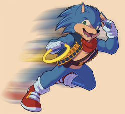 Size: 2012x1831 | Tagged: safe, artist:artsyhobbitses, sonic the hedgehog, jacket, redesign, ring, simple background, solo, tan background
