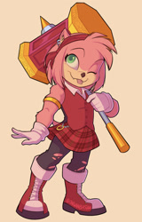 Size: 1252x1952 | Tagged: safe, artist:artsyhobbitses, amy rose, amy's halterneck dress, boots, piko piko hammer, redesign, simple background, solo, tan background, tongue out, wink