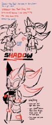 Size: 799x1920 | Tagged: safe, artist:cosmic_fall, shadow the hedgehog, sonic the hedgehog, alternate universe, character name, dialogue, english text, heart, lesbian, monochrome, r63 shipping, shadow x sonic, shipping, simple background, sketch, tan background, trans female, trans girl shadow, trans girl sonic, transgender