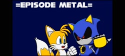 Size: 1600x720 | Tagged: safe, artist:dariangoofficial, metal sonic, miles "tails" prower, black sclera, blue background, duo, english text, looking at each other, modern tails, red eyes, robot, simple background, sonic 4: episode 2