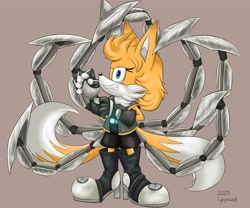 Size: 2048x1707 | Tagged: safe, artist:cyngawolf, miles "tails" prower, nine, sonic prime, beige background, clenched teeth, eyelashes, female, gender swap, heels, looking at viewer, nine tails, signature, simple background, solo