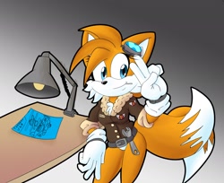 Size: 2048x1669 | Tagged: safe, artist:razortoshiba, miles "tails" prower, 2020, aviator jacket, belt, chest fluff, cigarette, gender swap, goggles on head, gradient background, lamp, looking at viewer, paper, salute, smile, smoking, solo, standing, wrench