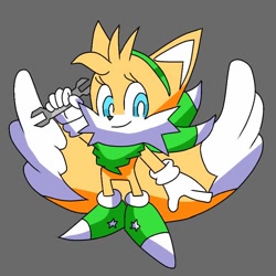 Size: 768x768 | Tagged: safe, artist:ruby!sonic, miles "tails" prower, au:sonic skyline, 2017, eyelashes, gender swap, green shoes, grey background, looking at viewer, redesign, scarf, simple background, smile, solo, wrench