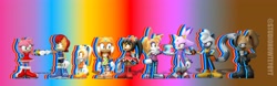 Size: 4096x1283 | Tagged: safe, artist:studiohowteyoyt, amy rose, blaze the cat, bunnie rabbot, cream the rabbit, honey the cat, sally acorn, tangle the lemur, tikal, whisper the wolf, 3d, abstract background, fistbump, group