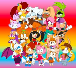 Size: 4096x3658 | Tagged: safe, artist:studiohowteyoyt, amy rose, breezie the hedgehog, bunnie rabbot, cream the rabbit, honey the cat, jewel the beetle, julie-su, lanolin the sheep, marine the raccoon, nicole the hololynx, rouge the bat, sally acorn, sonia the hedgehog, sticks the badger, surge the tenrec, tangle the lemur, tania the hedgehog, tiara boobowski, tikal, vanilla the rabbit, wave the swallow, whisper the wolf, everyone is here, group, rainbow background, rouge's heart top, sally's vest and boots, wild badger outfit